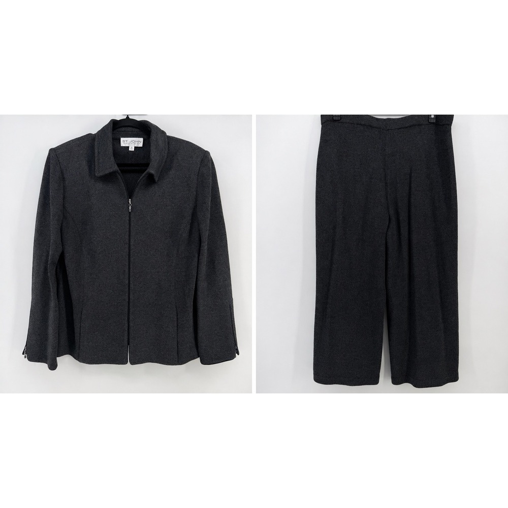 St John Collection Knit 2 Pc Set Jacket Pants Charcoal Gray Sz 16 USA Vintage‎